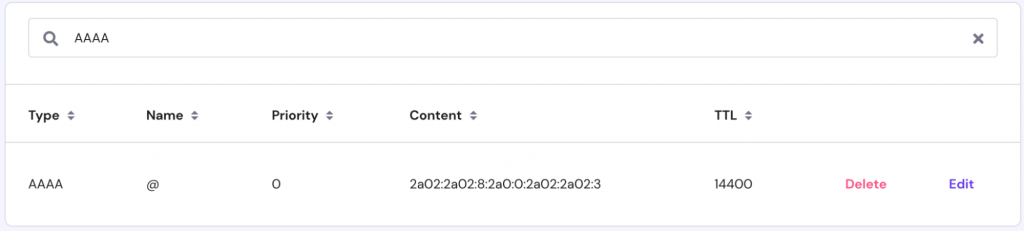A DNS zone page showcasing search results for AAAA records