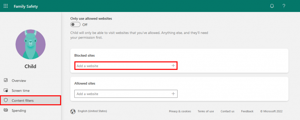 Add blocked sites to a Microsoft child account