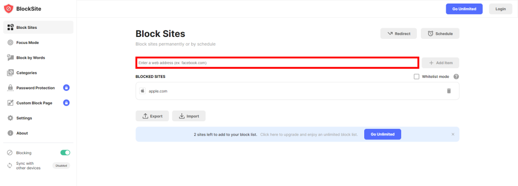 BlockSite dashboard with the Enter a web address (ex. facebook.com) field highlighted