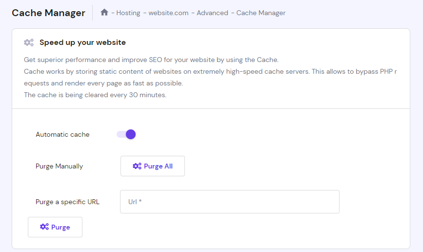 Cache Manager panel on Hostinger hPanel