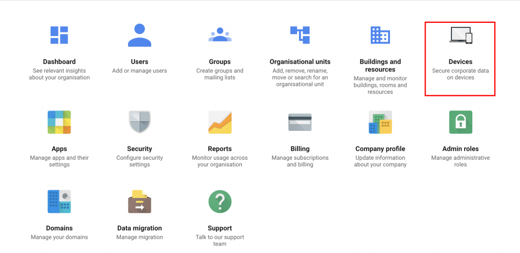 Google Admin Console dashboard with the Devices option highlighted