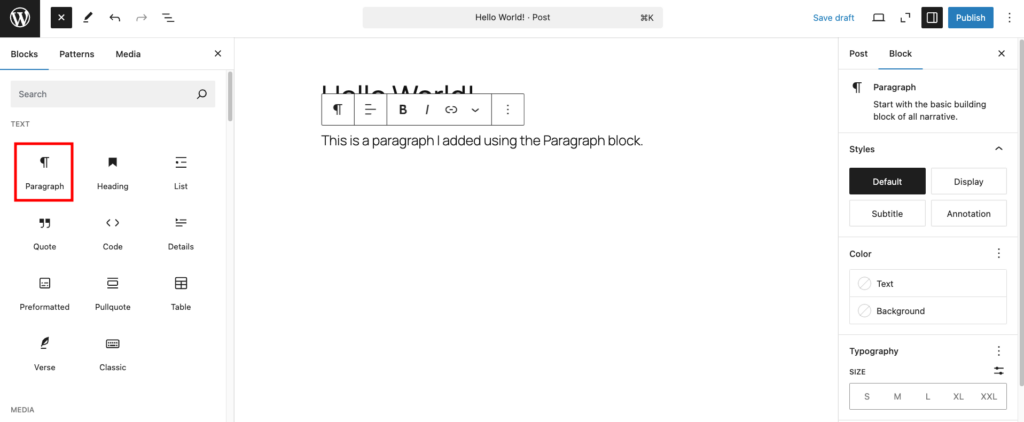 Gutenberg paragraph block