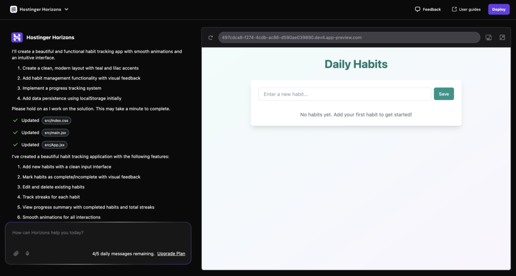 Hostinger Horizons' main project dashboard with the left and right pane