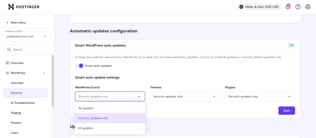 Smart WordPress Auto Updates in Hostinger hPanel