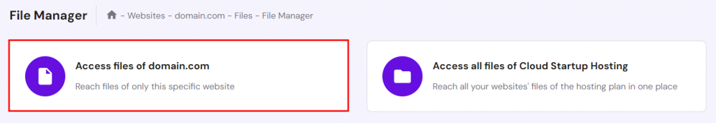 Hostinger's File Manager, highlighting the option to access files of the live site