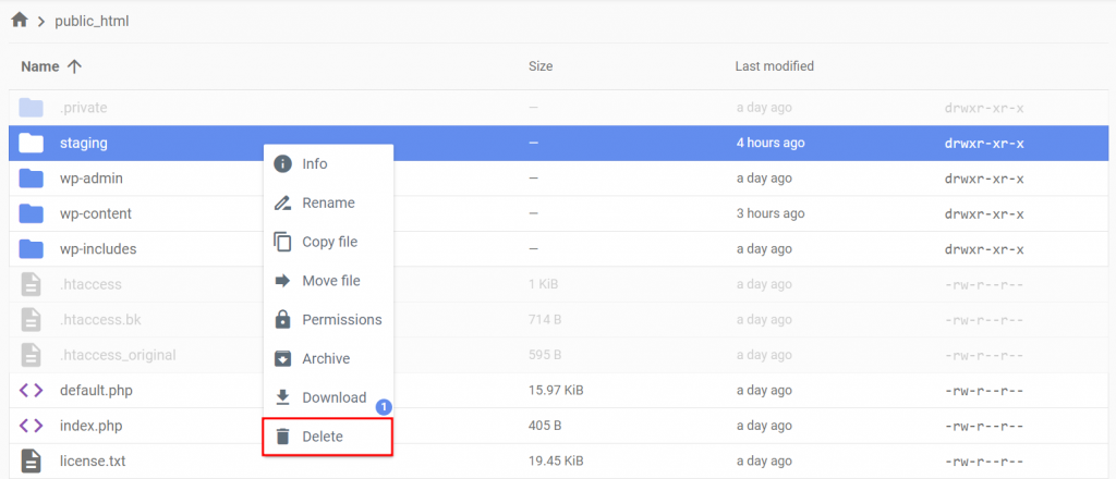 Hostinger File Manager, highlighting the option to delete a folder
