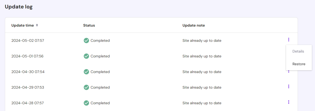 Update log in hPanel, showing options to see the update's details or restore an old update
