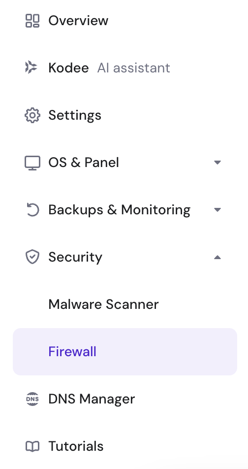 VPS menu dashboard on hPanel