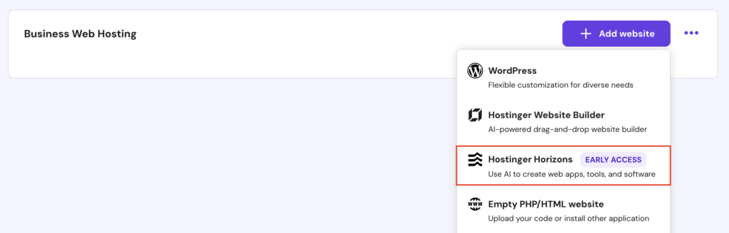 The Hostinger Horizons menu in hPanel