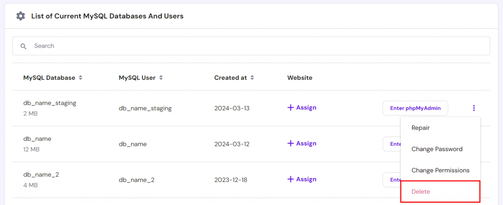 The list of current MySQL databases and users, highlighting the option to delete a database