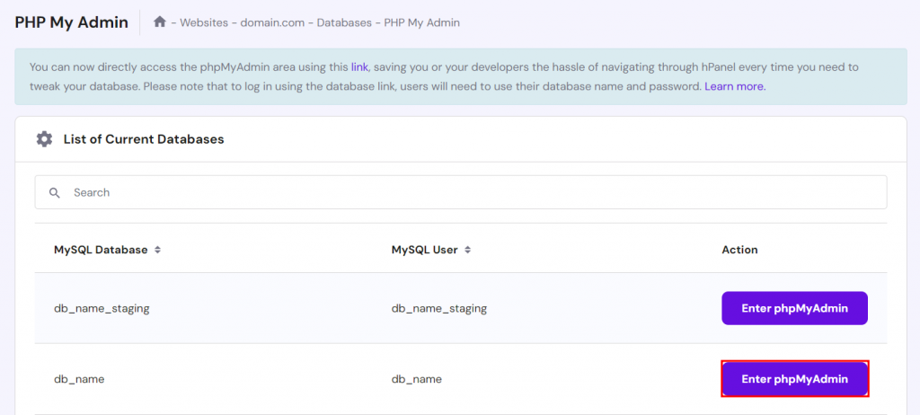 List of current databases in hPanel, highlighting the option to access one via phpMyAdmin