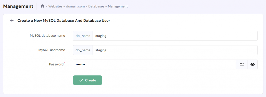 The database management section in hPanel, where user can create a new database