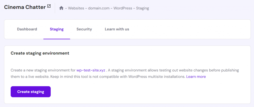 WordPress staging section in Hostinger