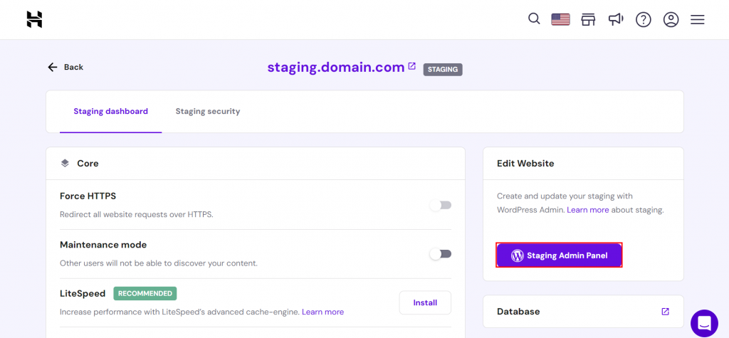 WordPress staging dashboard in Hostinger, highlighting the button to access the admin area