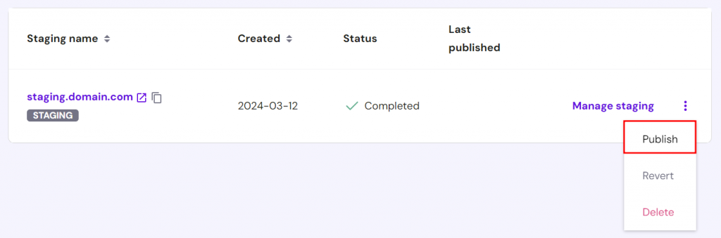 WordPress staging site list, highlighting the button to push changes from the staging site to the live one