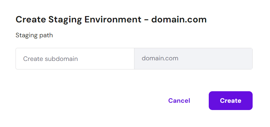 A new staging environment creation popup with a field to enter a subdomain