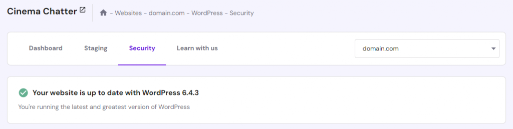 WordPress security section in hPanel, showing the current version of the CMS