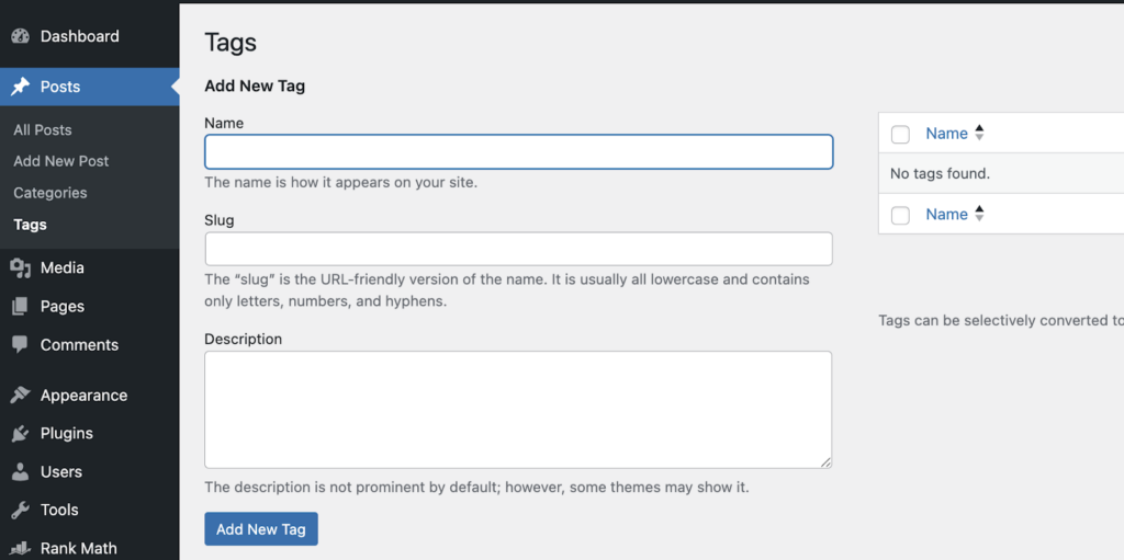 Add new tag page with the name, slug, and description input boxes