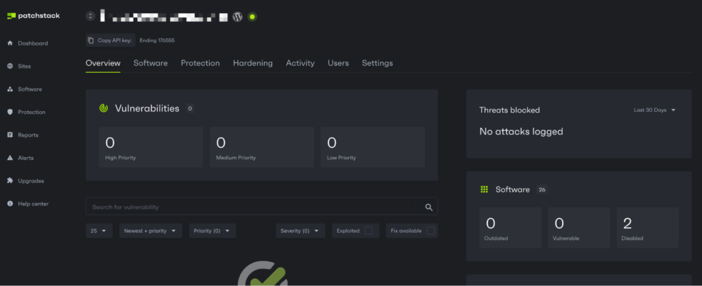 The Patchstack plugin dashboard showing 0 vulnerabilities and 0 attackes logged.