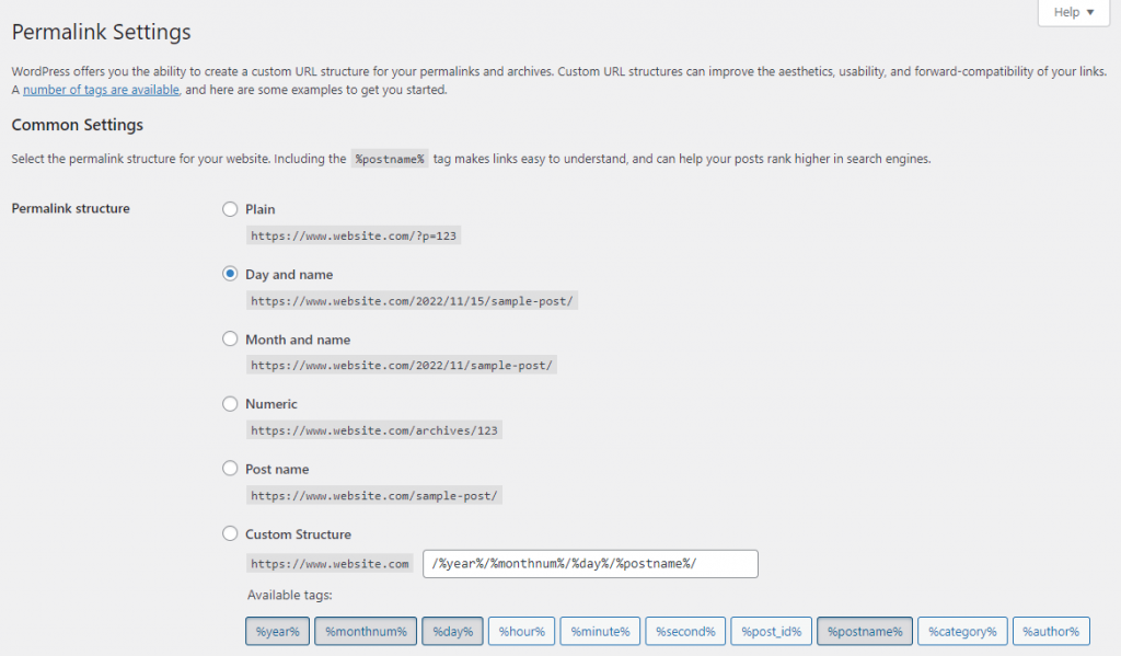 Permalink Settings page on WordPress.org admin dashboard