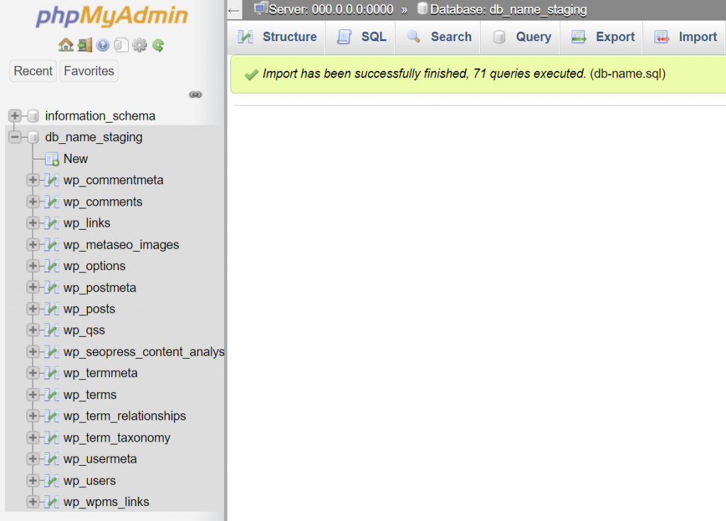 A confirmation message after a successful database import