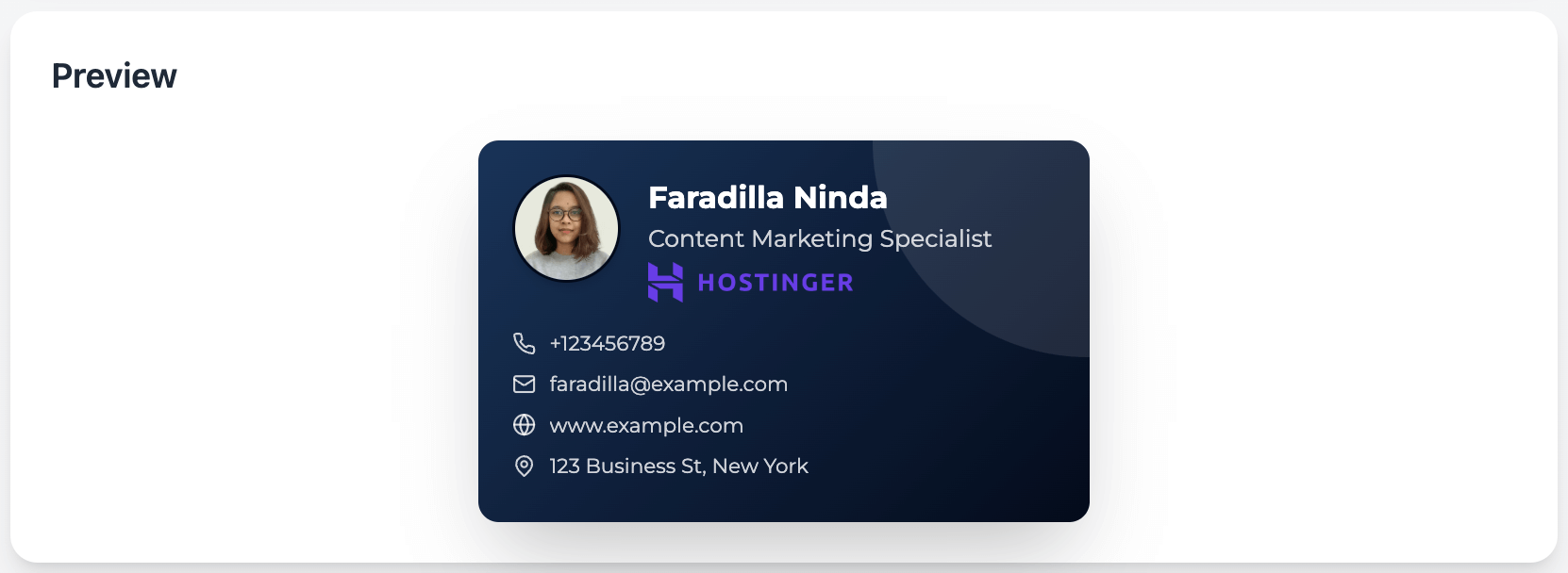 the first result of the virtual business card generated by the web app with some customizations