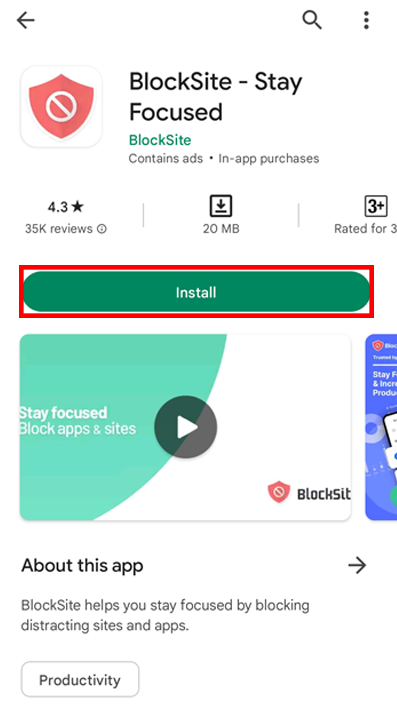 The BlockSite download page on Play Store with the Install button highlighted
