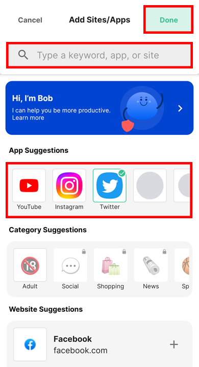 The BlockSite mobile version where you add websites to the block list