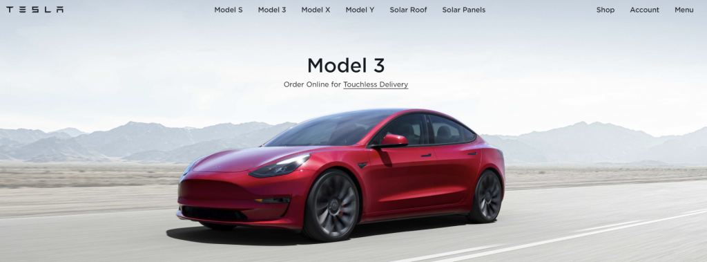 The homepage of Tesla, an innovator in the electric vehicle industry