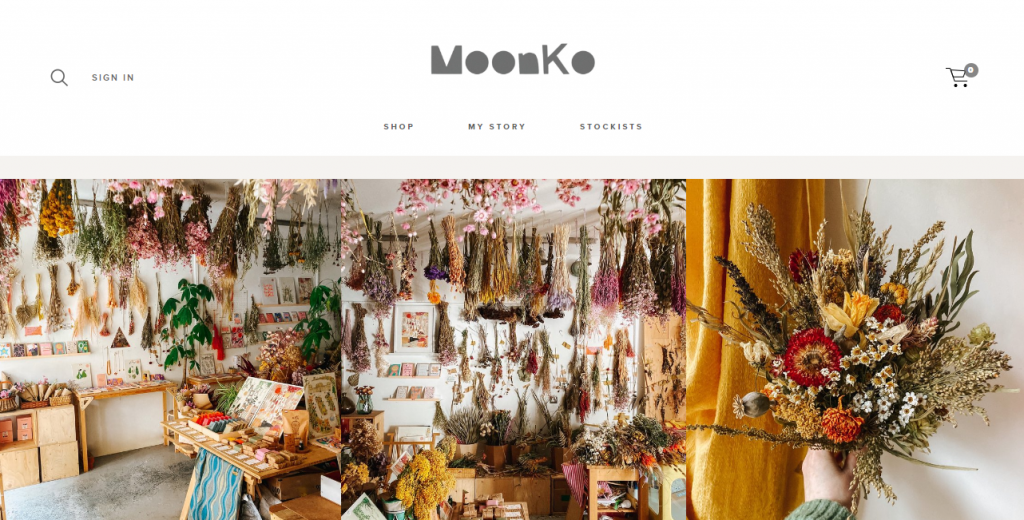 The website of MoonKo, a dried flower shop based in the UK.