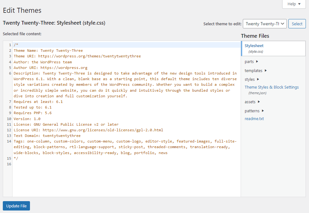 Theme file editor on the WordPress admin dashboard