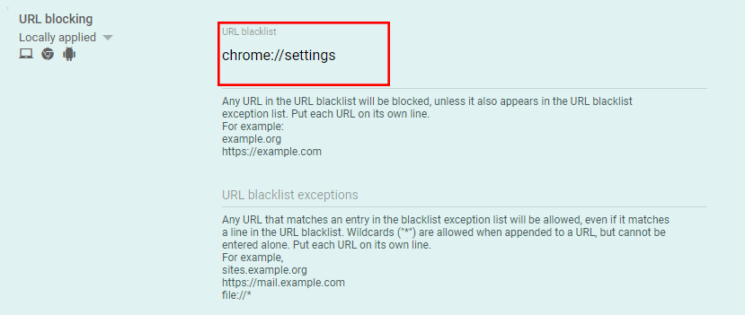 URL-blocking in Google Admin Console with the URL blacklist chrome://settings highlighted