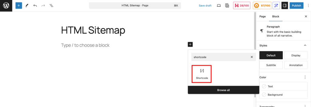 WordPress page editor, highlighting the shortcode block