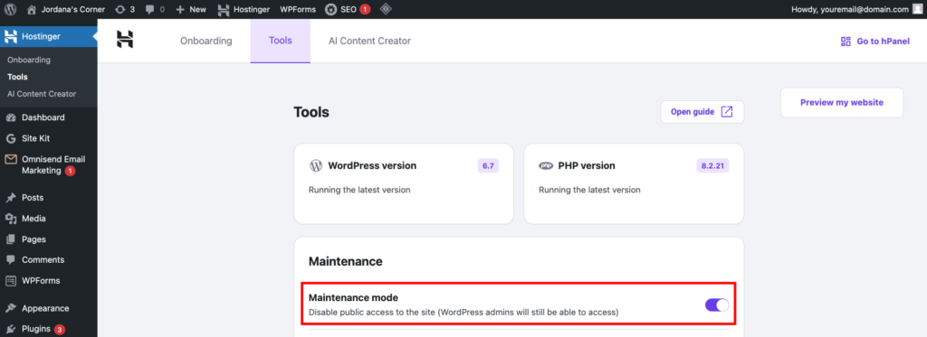 WordPress maintenance mode setting in Hostinger Tools plugin