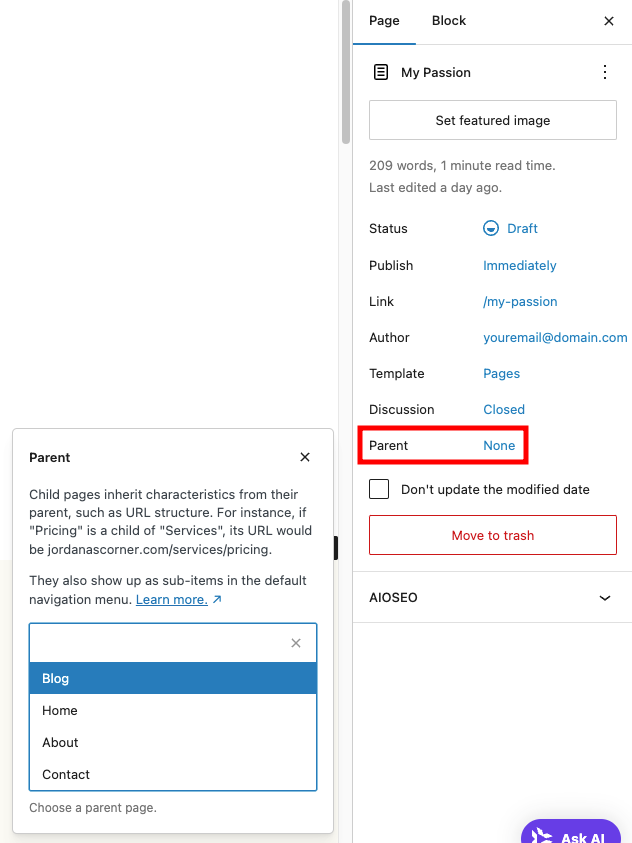 WordPress page editor, highlighting the parent page attribute