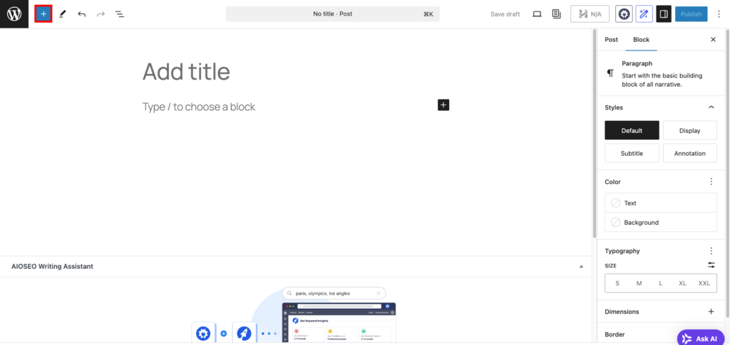 WordPress post editor, highlighting the block inserter button