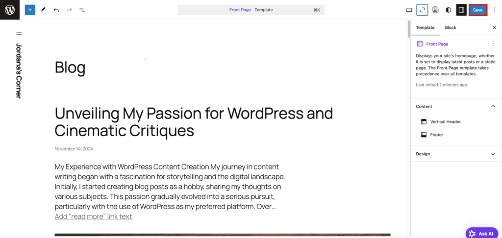 Editing a page template using Site Editor, highlighting the Save button