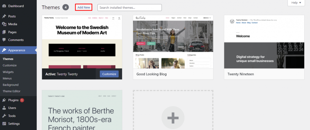 The Add New button at the top of the WordPress Themes page.