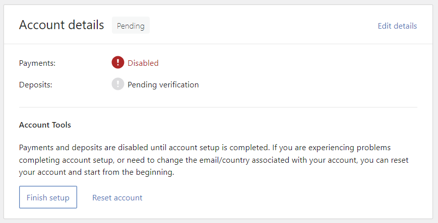 Unfinished WooPayments setup with pending status