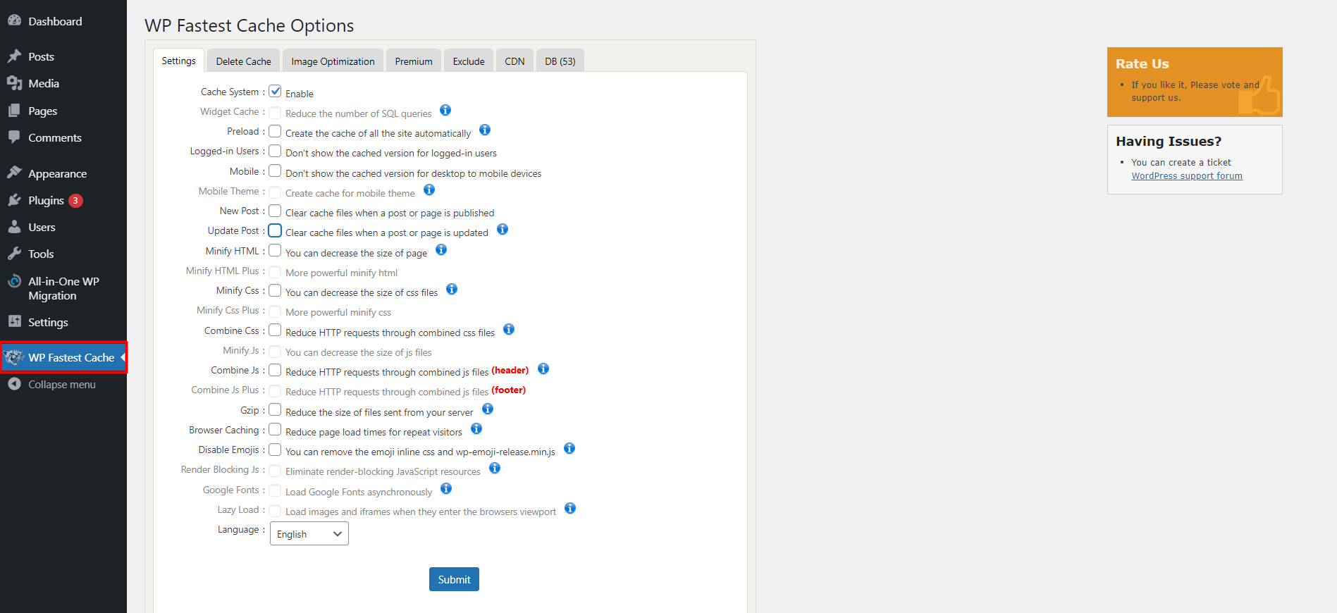 wp fastest cache options page on wordpress dashboard 