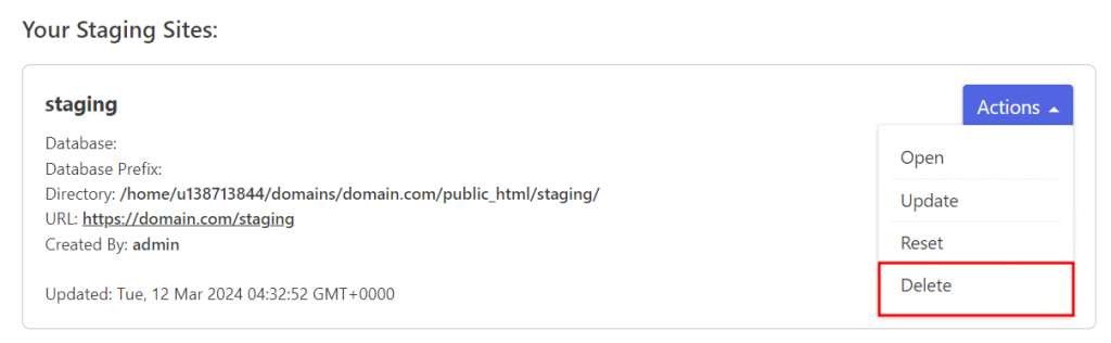 WP Staging site list, highlighting the option to delete staging site