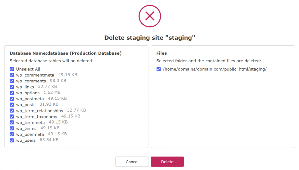Staging site deletion confirmation popup with lists of database and folder items
