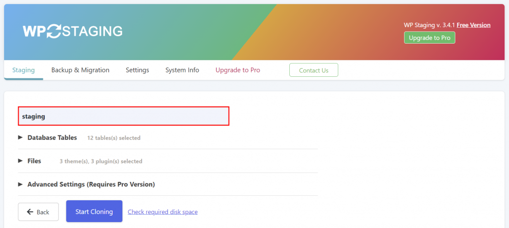 WP Staging site creation, highlighting the field to enter the site name