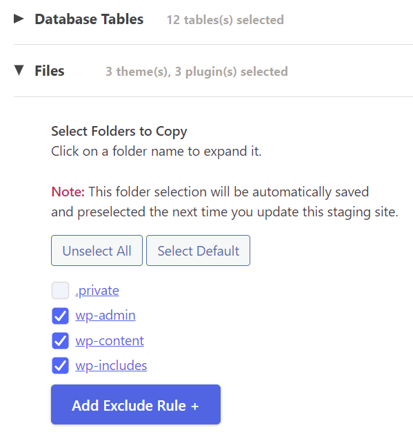 Choosing database tables and files to clone using the WP Staging backup plugin